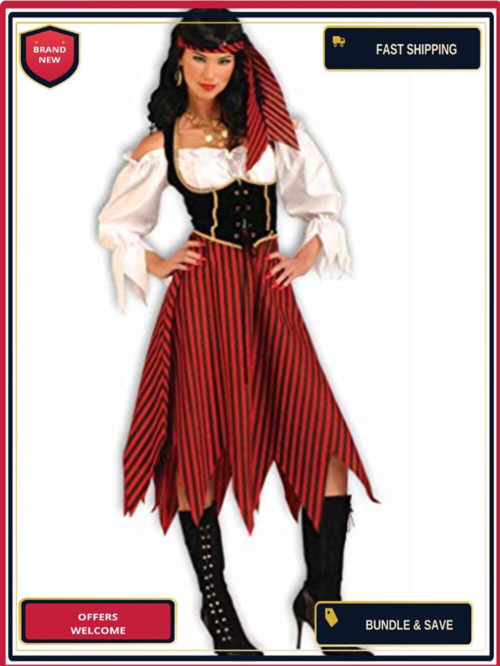 Pirate Maiden Costume Dress with Attached Vest & Headscarf